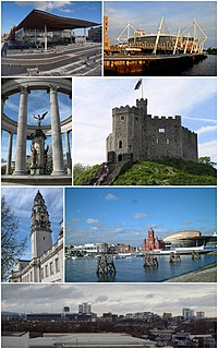 从上到下，从左到右：威尔士国民议会，威尔士公国球场，威尔士战争纪念园（英语：Welsh National War Memorial），加的夫城堡，加的夫市政厅的钟楼，加的夫湾，加的夫市景。