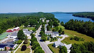 Casco village from the air with Pleasant Lake in the background