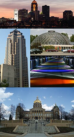 从上至下顺时针分别是801 Grand（美国信安金融集团总部）、Des Moines Botanical Center、Kruidenier Trail bridge与艾奥瓦州议会大厦