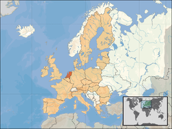 Location of the Map caption (orange) – in Europe (tan & white) – in the European Union (tan)  [Legend]