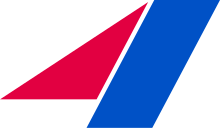 A red triangle and blue parallelogram arranged as to form an abstract numeral 4