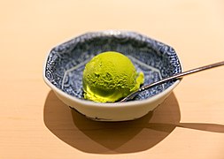 Matcha ice cream with red bean coulis
