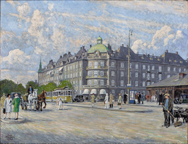 1930年由保罗·古斯塔夫·费舍尔（英语：Paul Gustav Fischer）绘制的今奥斯陆广场画作。画中的轻轨列车为现已停运的哥本哈根轻轨列车，用于为其供电的高架电车线画中没有绘出。