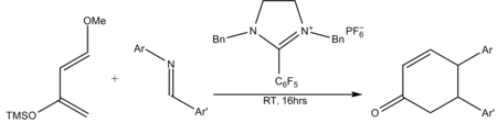 咪唑鹽催化氮雜雙烯狄爾斯–阿爾德反應示意