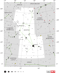 显示牧夫座及其周围环境恒星位置和边界的星座图。