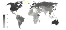 United States, Europe, and Australia are the darkest while Africa, the Middle East, and Oceania are the lightest.