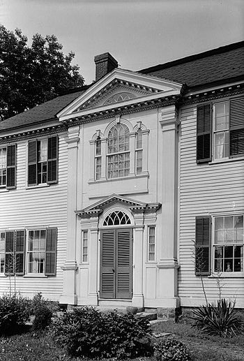 Prudence Crandall House's front pavillion, with Gothic muntins galore