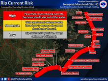 A picture of a map of the rip current risk forecast for the coast of North Carolina on October 22, produced by the National Weather Service, as a result of Hurricane Epsilon