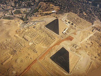 An aerial view of the Giza pyramid complex