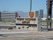 Entrance to the Phoenix Goodyear Airport (formerly Goodyear Municipal Airport). The airport was built in 1941 during World War II as a naval air facility, NAF Litchfield Park, then upgraded to naval air station status and renamed NAS Litchfield Park. In 1968, the city of Phoenix purchased the airport as a general aviation reliever airport for Phoenix Sky Harbor International Airport.