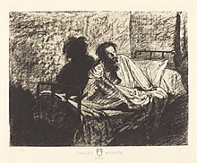 A drawing of Meryon seated in a bed