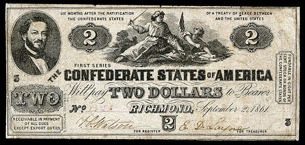 $2 (T38) Judah P. Benjamin; The South striking down the Union B. Duncan (Columbia, S.C.) (~36,000 issued)