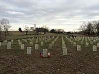 Rows of white headstones near small hills