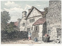 Large farmhouse in Dolgellau, woman feeding chickens in yard, 1815 by Cornelius Varley (1781–1873) and engraver Francis Stevens