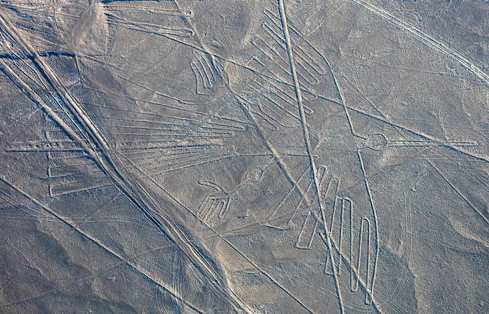 鸟瞰纳斯卡线条的地画之一“兀鹰”，位于秘鲁南部的纳斯卡沙漠。此联合国教科文组织世界遗产（自1994年起）的地画分布于纳斯卡镇和帕尔帕镇之间一片80千米（50英里）的高原上。据一些研究显示，这些地画的历史可追溯至公元前500年～公元500年之间。