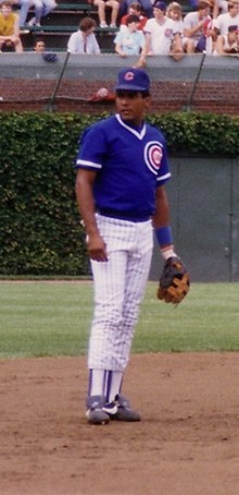 A brown-skinned man wearing a blue baseball jersey and cap and white pinstriped baseball pants