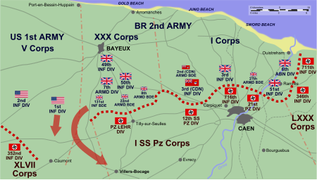 卡昂周邊盟軍從D日至6月12日為止的行動圖