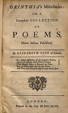Title page Elizabeth Teft Orinthias Miscellanies 1747