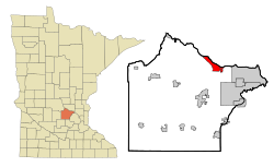 蒙蒂塞洛在赖特县及明尼苏达州的位置（以红色标示）