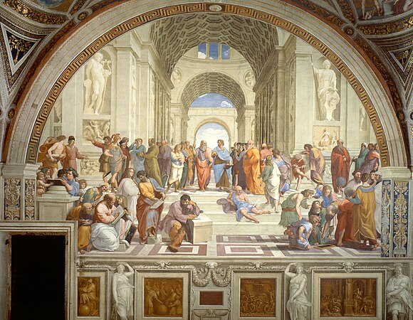 图为乌尔比诺的拉斐尔·桑蒂所绘的《雅典学院》。