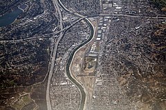 Interstate 5, the Golden State Freeway. Glendale is on the right, Silver Lake is on the left. The Los Angeles River runs through the middle.