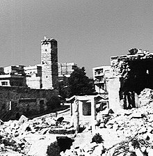 Bombed-out buildings and rubble