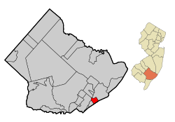 Location of Ventnor City in Atlantic County highlighted in red (left). Inset map: Location of Atlantic County in New Jersey highlighted in orange (right).