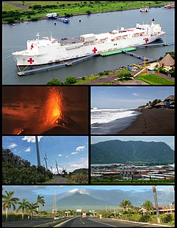 Counterclockwise from top: Puerto Quetzal, Pacaya Volcano, Puerto San Jose, wind farm in san vicente, Palin & Palin-Escuintla highway