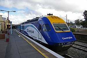 Photograph of an XPT train, showing the power car that derailed