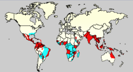 World map showing the countries where the Aedes mosquito is found（the southern US, eastern Brazil and most of sub-Saharan Africa）, as well as those where Aedes and dengue have been reported（most of Central and tropical South America, South and Southeast Asia and many parts of tropical Africa）.
