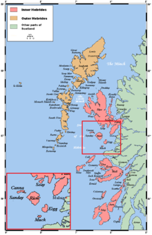 A map of the Small Isles, showing their location in the Hebrides.