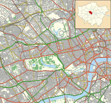 A street map of Westminster with the hospital marked near centre as north of river Thames