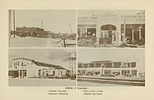 Four images depicting damage to a grocery store, pharmacy, theatre, and another business building