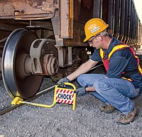 Railroad wheel chock installed under gondola car