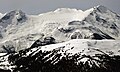 Mount Davidson (left), Mount Carr (center) above Cheakamus Glacier, and Castle Towers Mountain (right). North aspect.