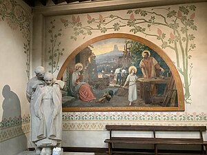 Holy Family Chapel, painting "Holy Family at work" and Sculpture of "The fountain of the shepherds" by Henri Proszynski (1930s)