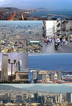 Top:Panorama view of Mergellina Port, Mergellina, Chiaia area, over view of Mount Vesuvius, Second left:Naples Directional Center (Centro Direzionale di Napoli) and Spaccanapoli Street, Second right:Via Toledo Street, Third left:Naples Media Center, Third right:Castel Nuovo (Maschio Angioino), Bottom:View of Centro Direzionale di Napoli, from Naples Railroad Station