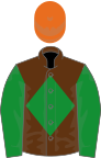 Brown, green diamond and sleeves, orange cap