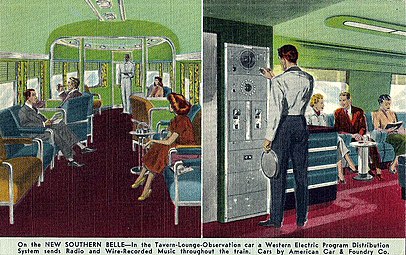 Postcard depiction, circa 1948, of the tavern-observation car. A radio allowed broadcasts and music to be heard throughout the train.
