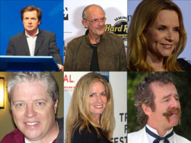 Portrait photos of the stars of the film: Michael J. Fox, Christopher Lloyd, Lea Thompson, Thomas F. Wilson, Elisabeth Shue and Jeffrey Weissman