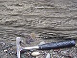 Cross-section through asymmetric climbing ripples, seen in the Zanskar Gorge, Ladakh, NW Indian Himalaya. Ripples climb when sediment fluxes in the flow are very high.
