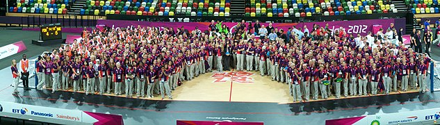 All the volunteers ('Games makers') for goalball, in the Copper Box arena (Sep 2012).