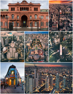 从上方，从左到右：阿根廷总统府、市中心、卡瓦纳大厦、阿根廷国会宫及国会广场、布宜诺斯艾利斯方尖碑、拉博卡、马德罗港