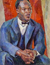 Oil painting of a seated Black man in a light blue suit