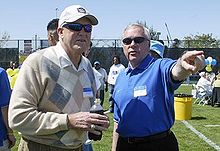 Two coaches talking on-field