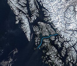 Sumner Strait marked on a MODIS photograph of the Alexander Archipelago
