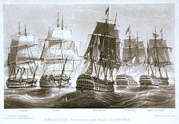 Indomptable at Trafalgar in 1805, at the center, between Fougeux & HMS Belleisle to the left, and Santa Ana & HMS Royal Sovereign.