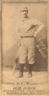 A picture card shows a man in a baseball uniform holding leaning onto a baseball bat.