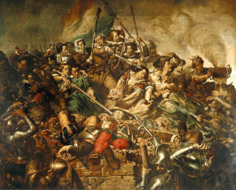 Kenau Simonsdochter Hasselaer defending the walls during the Siege of Haarlem (1572–1573)