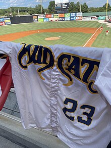 A white baseball jersey with "Mudcats" and "23" across the chest in blue and yellow letters hanging on a guardrail overlooking a green baseball field